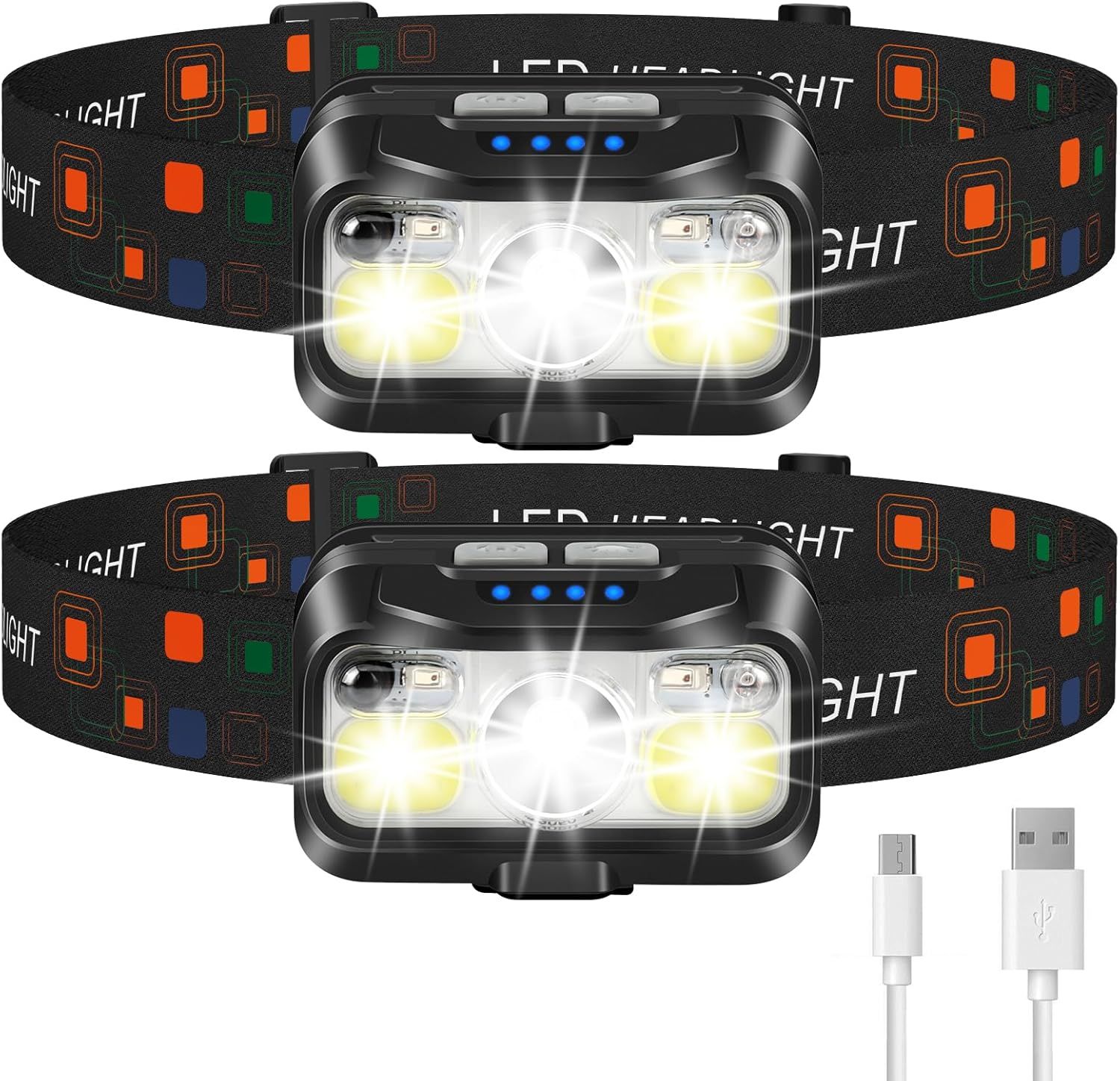 Shows two identical LED headlamps with their adjustable straps and included USB charging cables, clearly displaying the core product the shopper will receive. Demonstrates that USB charging cables…