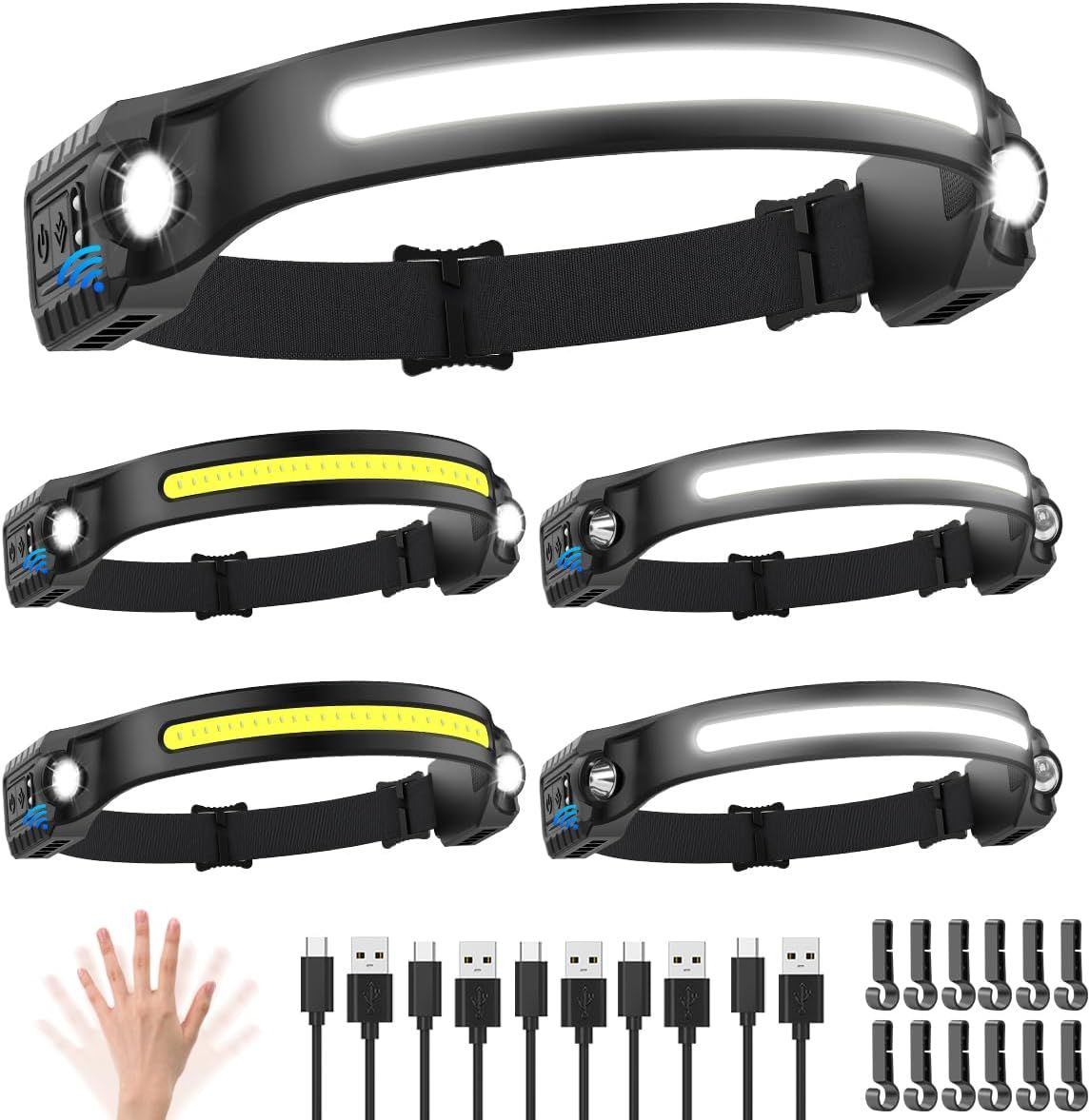 Shows the core product—a rechargeable LED headlamp—with multiple units displayed to demonstrate different lighting modes and features, reassuring shoppers of its versatility and functionality.…