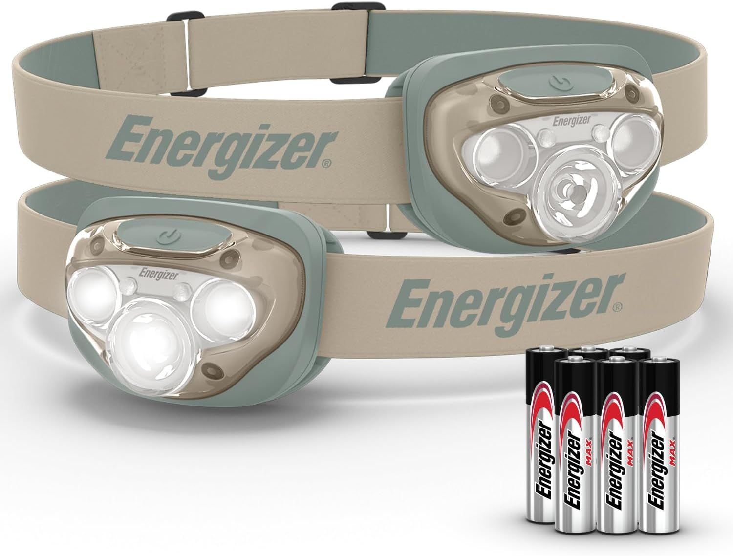 Shows the core product—two Energizer headlamps with adjustable elastic bands—clearly displayed to communicate the design, brand, and multi-light configuration. Demonstrates that batteries are…