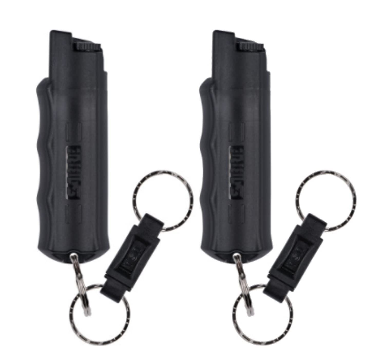 Shows two identical pepper spray units with keychain attachments, communicating that this is a multi-pack purchase for personal safety and portability.