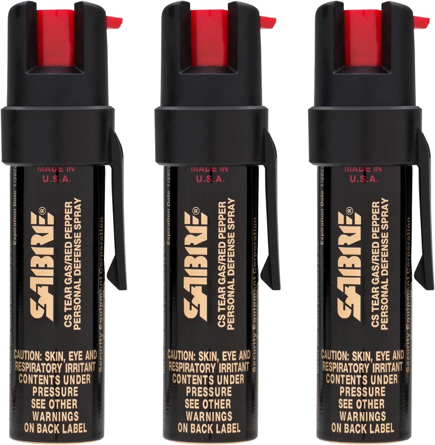 Shows three identical pepper spray canisters to communicate that this is a multi-pack purchase, allowing shoppers to see the product design, branding, and safety warnings clearly.