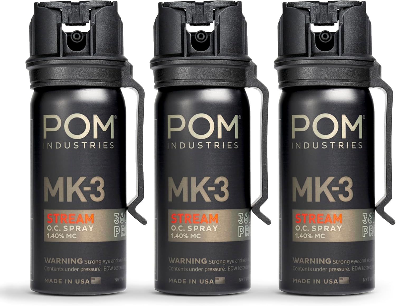 Shows three identical units of the POM MK-3 pepper spray to communicate that this is a multi-pack purchase, allowing shoppers to see the product design, branding, and key specifications clearly.