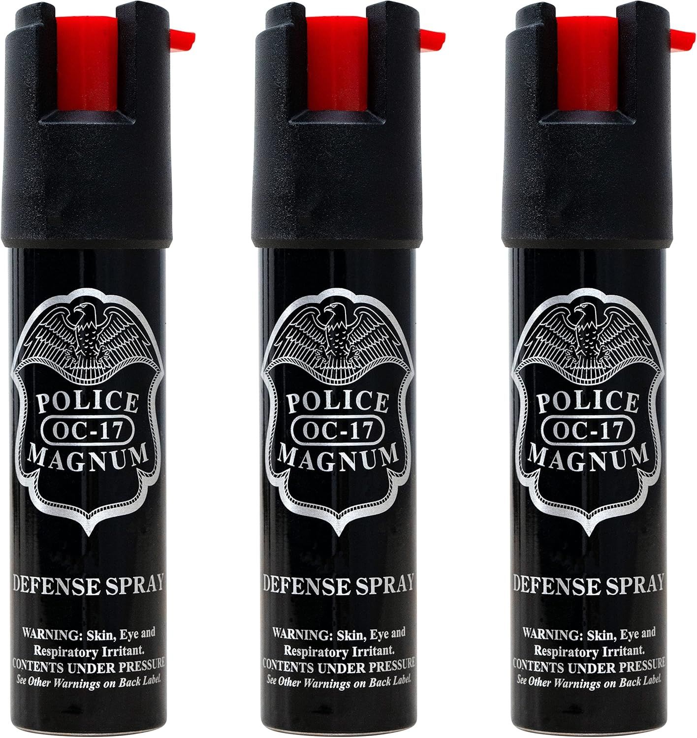 Shows three identical units of the police-grade OC-17 defense spray to communicate that this is a multi-pack purchase, giving shoppers clear visibility of the product design and branding. Uses…