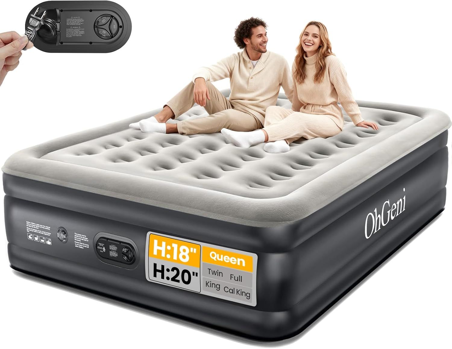 Shows two people comfortably sitting on the air mattress to demonstrate its size, comfort, and real-world usability, helping shoppers visualize themselves using the product. Displays the available…