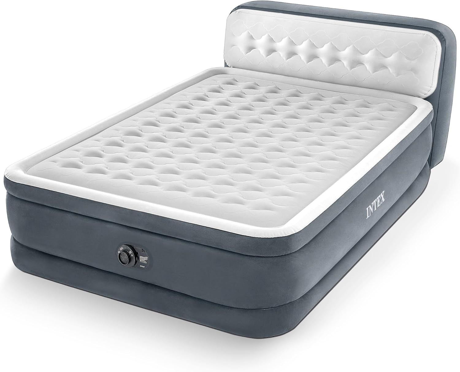 Displays the core product, an inflatable air mattress with integrated headboard and built-in pump, showing its elevated design and quilted comfort surface to communicate quality and convenience.