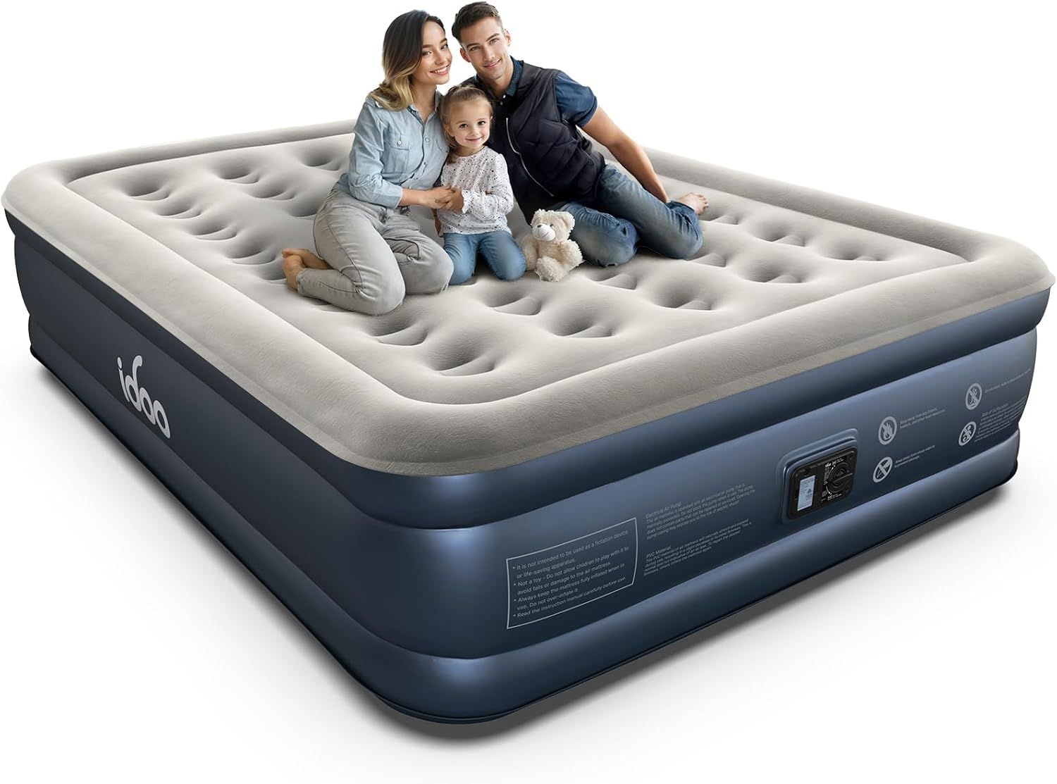 Shows a family of three comfortably sitting on the air mattress to demonstrate its spacious size, weight capacity, and suitability for family use. Displays the core product clearly showing its…