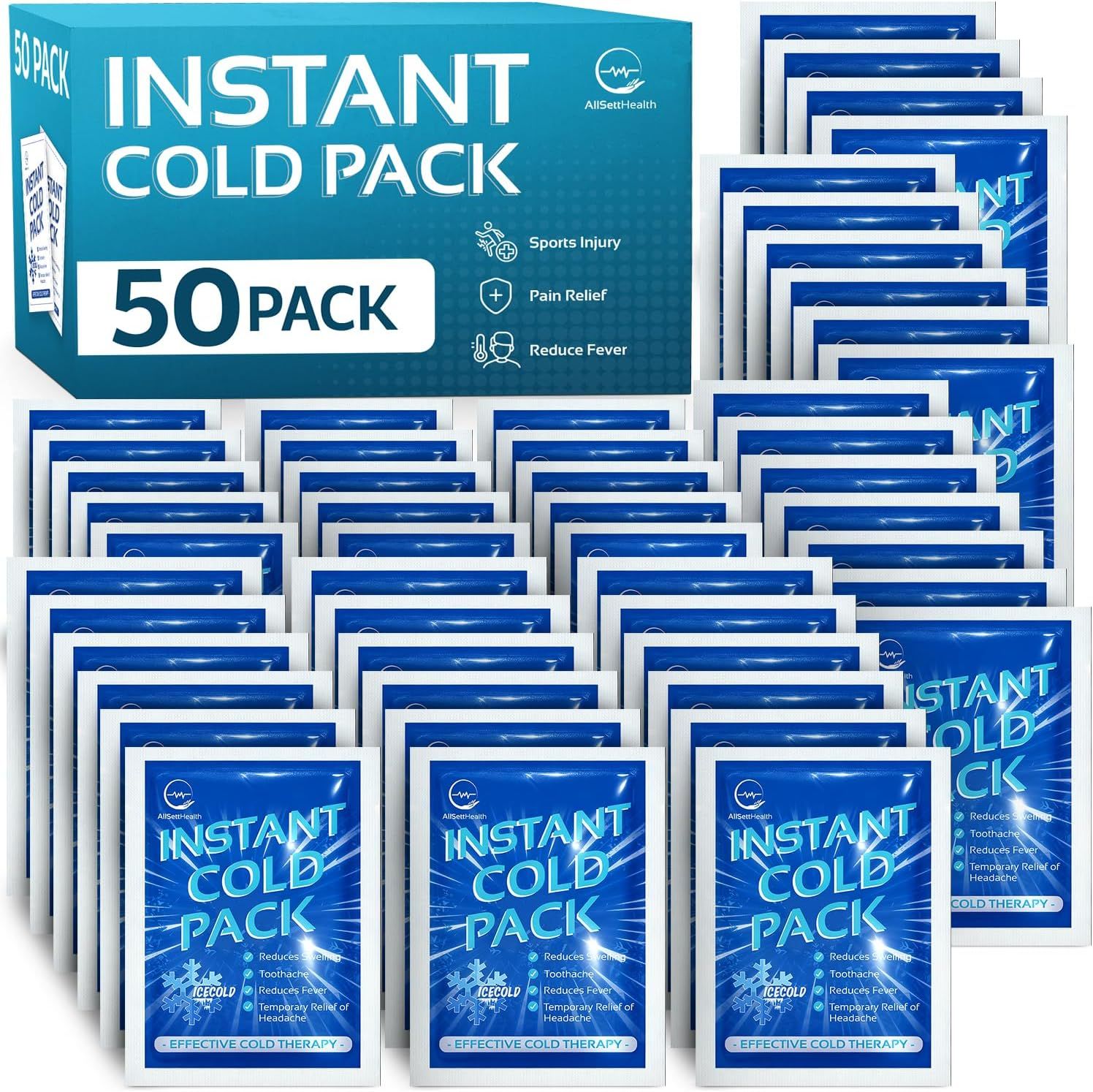 Shows the core product—a 50-pack of instant cold packs—clearly displayed with retail packaging to communicate quantity and what the buyer receives. Displays the retail packaging box prominently in…