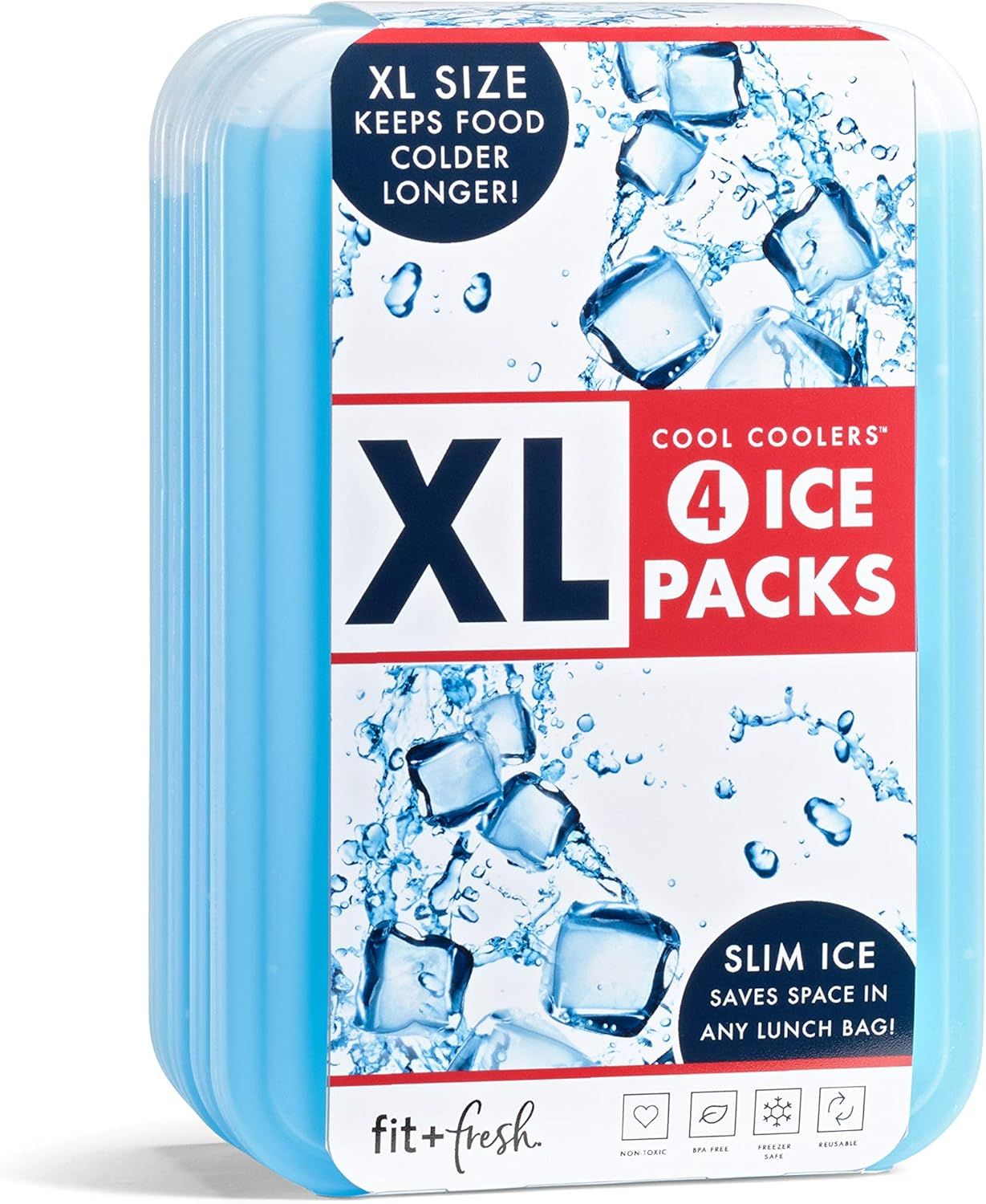 Shows the retail packaging with key product features prominently displayed, communicating the XL size for longer cooling, the slim space-saving design, and that the package includes 4 ice packs to…