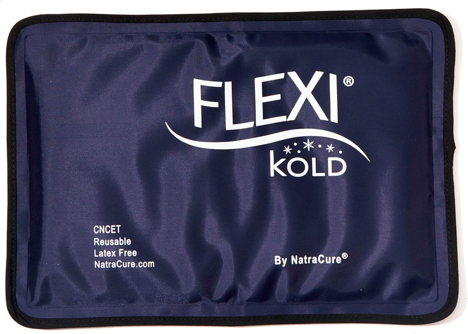 Displays the core product, a FLEXI KOLD cold therapy pack, showing its size, branding, and key features (reusable, latex-free) to help shoppers understand what they are purchasing.