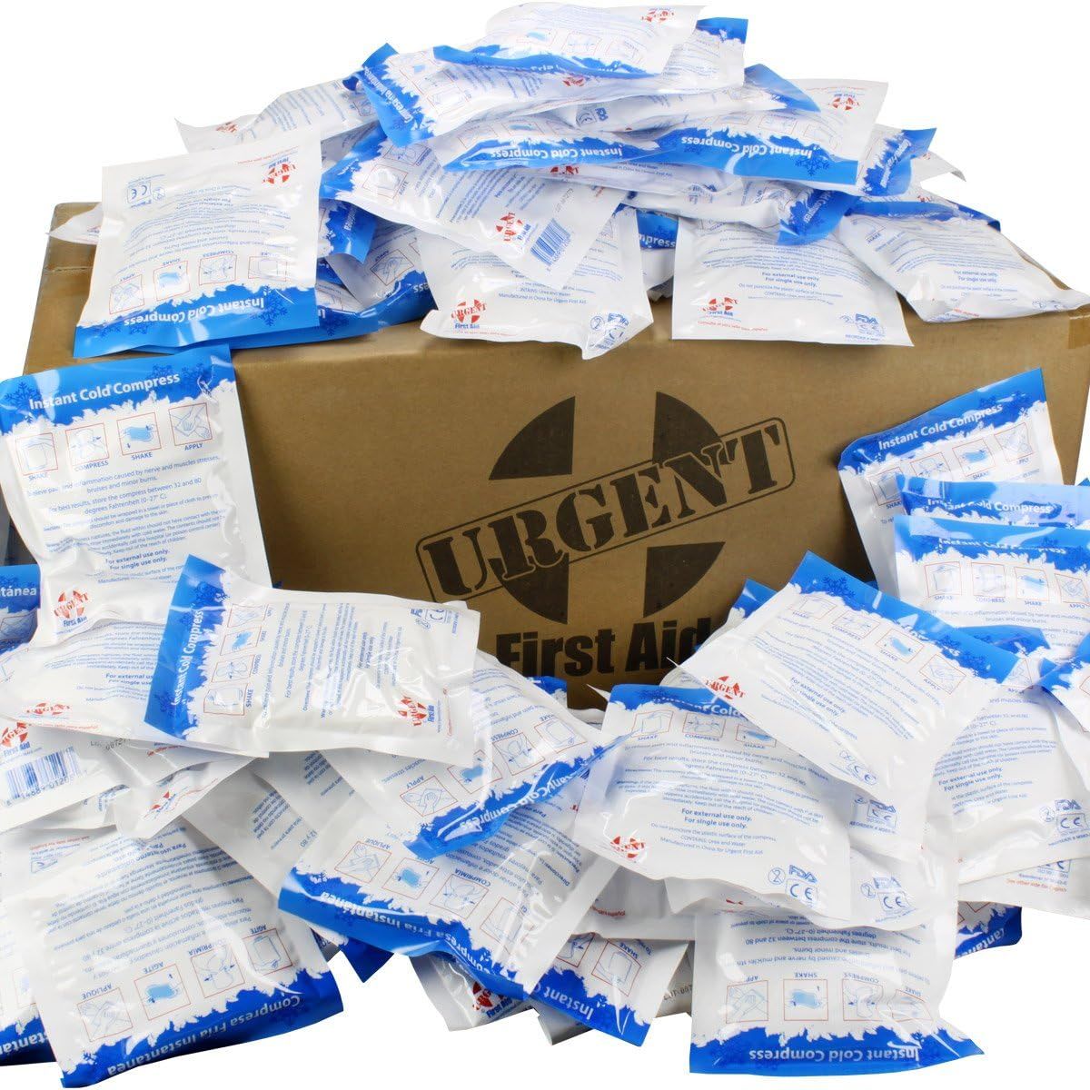 Shows the large quantity of instant cold compress packs included in the purchase, emphasizing value and preparedness for first aid needs. Displays the URGENT First Aid branded shipping box to…