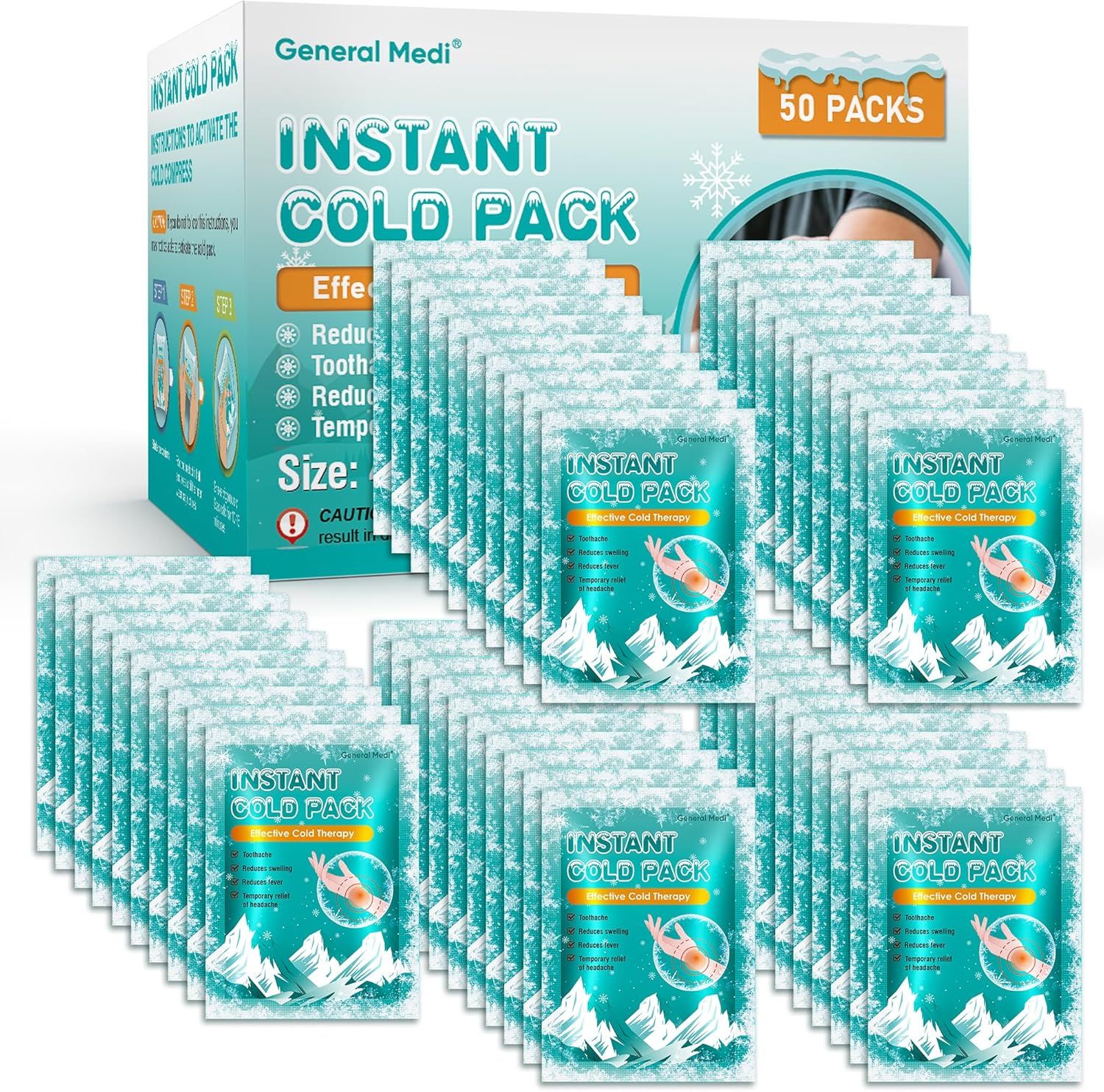 Displays the core product—a 50-pack of instant cold packs—clearly showing both the retail box and the individual cold pack sachets to communicate quantity and what the buyer receives. Shows the…