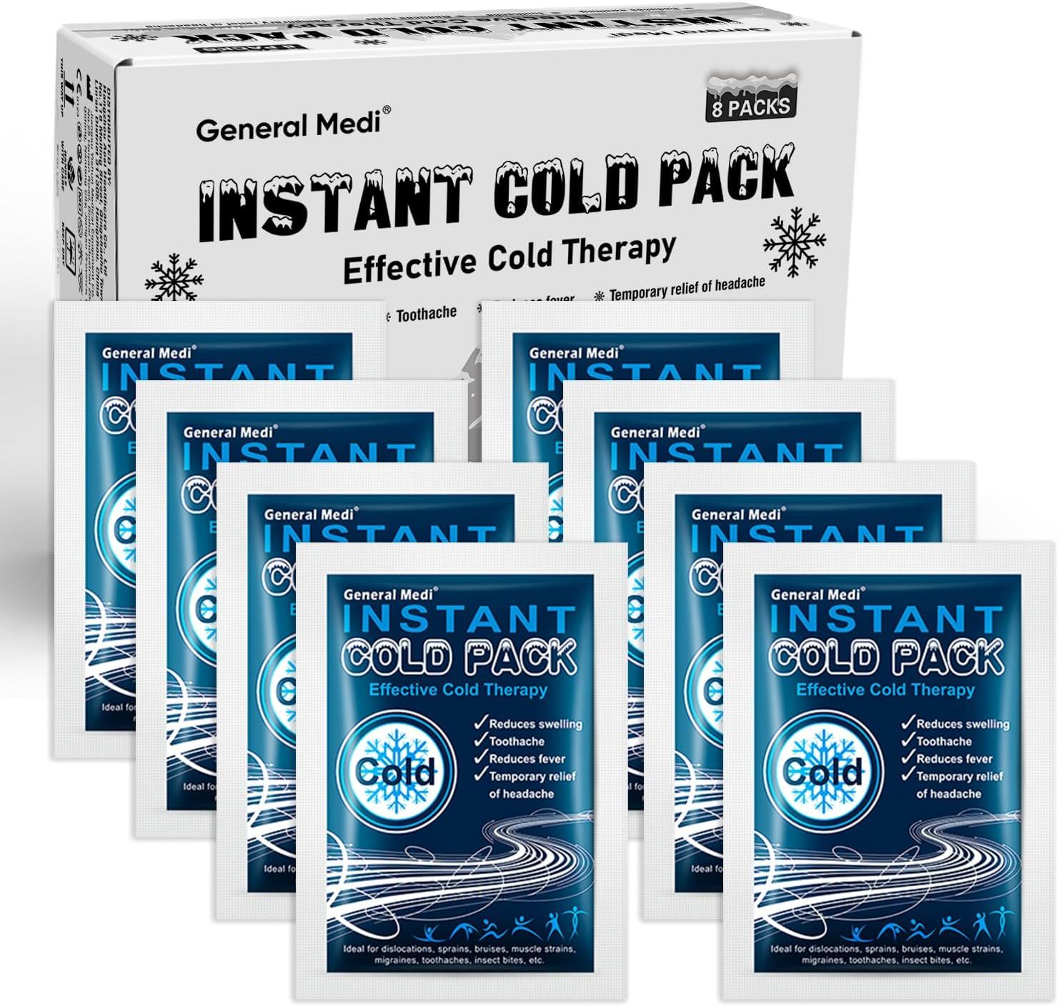 Shows the complete product offering of 8 instant cold pack pouches with their retail packaging, clearly displaying what the buyer will receive. Displays the branded retail box alongside the…