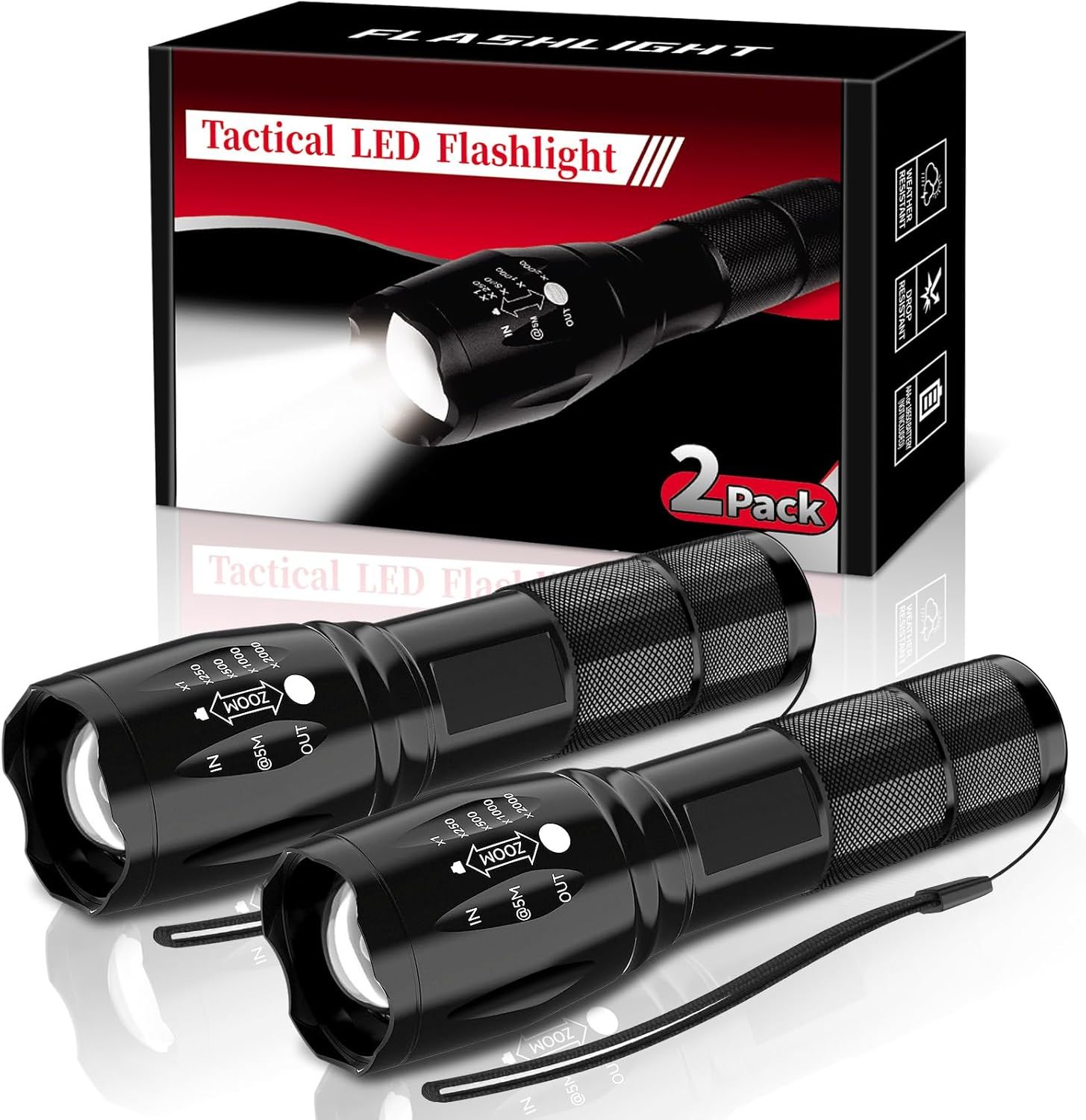 Shows the core product—two tactical LED flashlights—clearly displayed with their retail packaging to communicate what the buyer will receive. Displays the physical retail packaging alongside the…