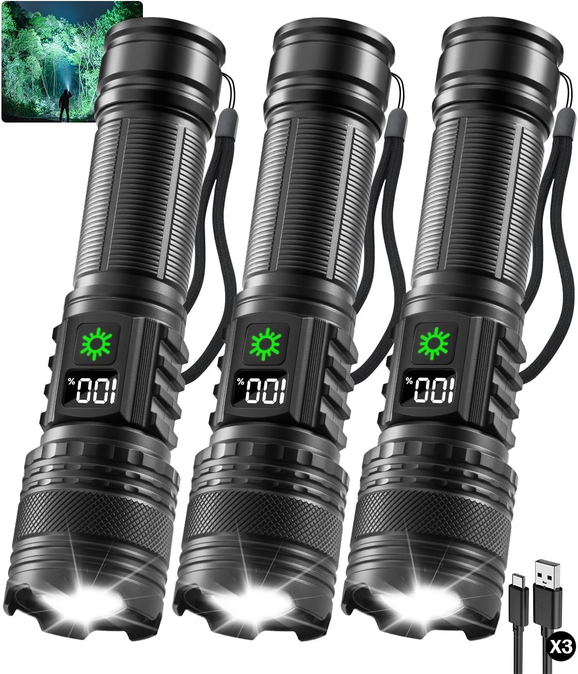 Showcases three identical tactical flashlights with digital battery indicators and bright LED output to communicate the product's powerful illumination, rechargeable convenience, and multi-pack…