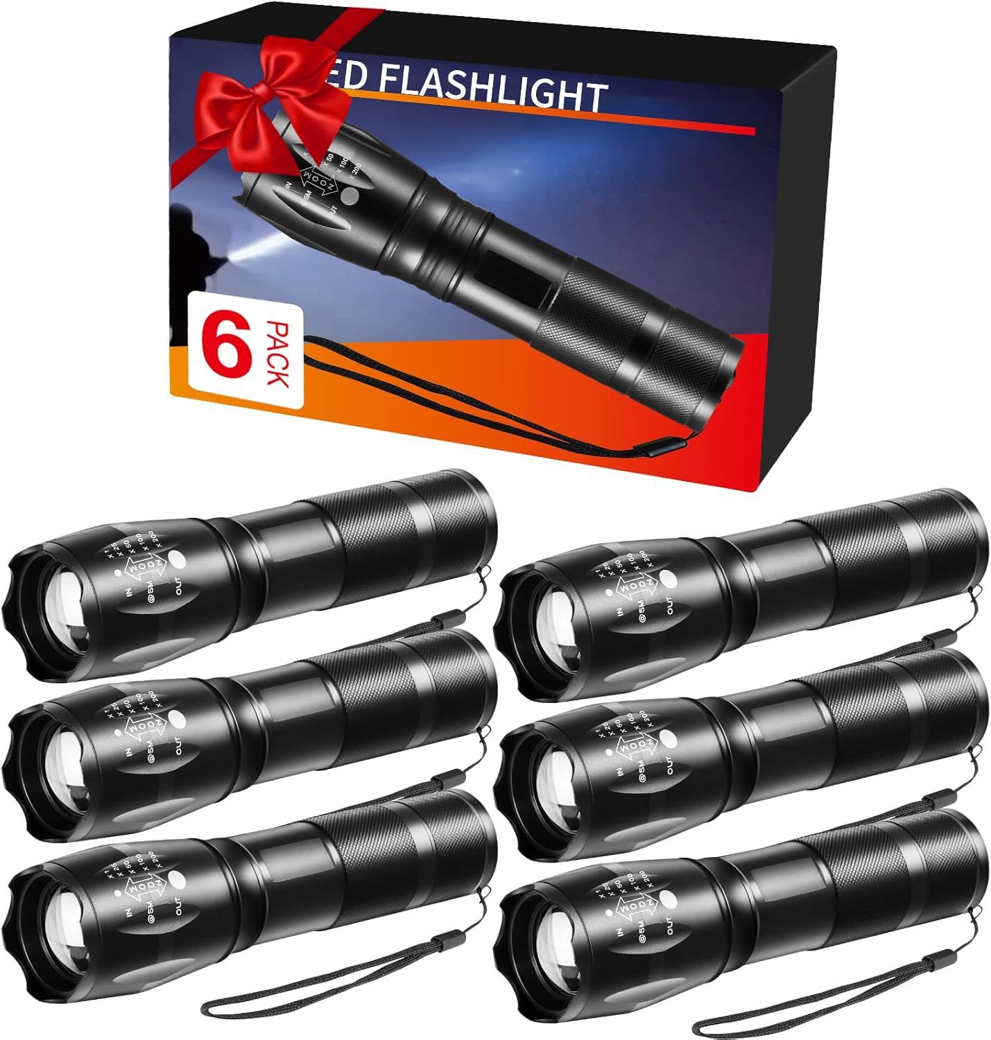 Shows the core product, a 6-pack of LED flashlights, clearly displayed to communicate the quantity and appearance of what the buyer will receive. Displays the retail packaging with a decorative red…