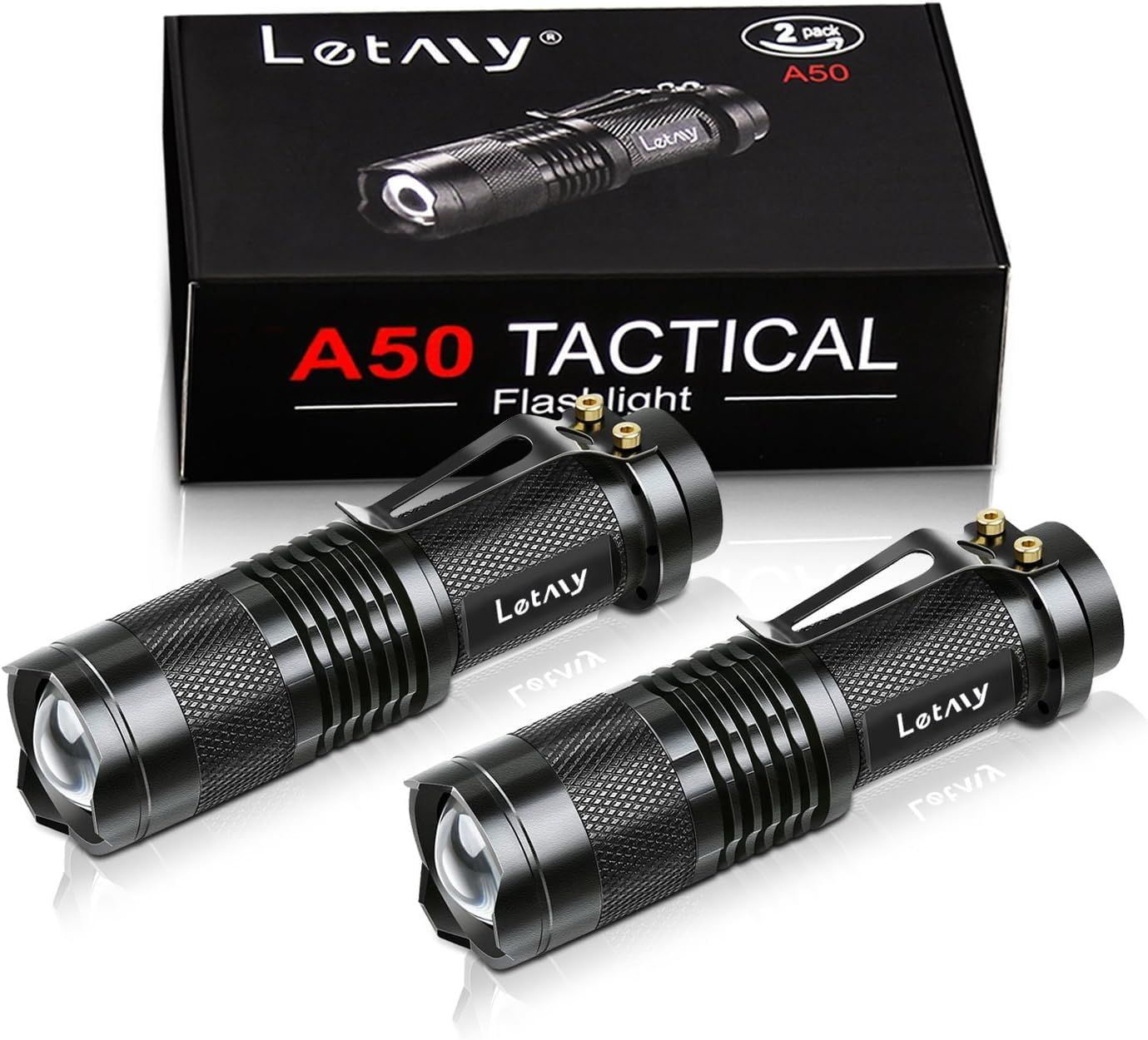 Displays the core product—two tactical flashlights—clearly showing their design, build quality, and included quantity to help shoppers understand exactly what they will receive. Shows the retail…