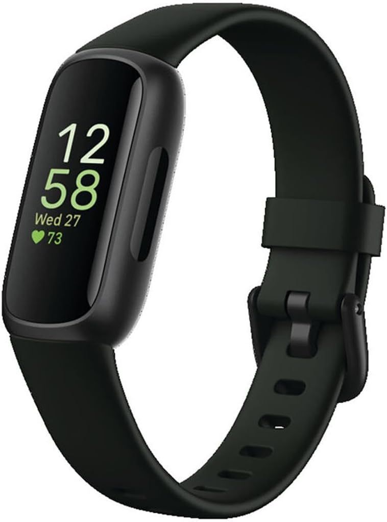 Shows the core product clearly with its active display showing time, date, and heart rate monitoring to communicate its primary fitness tracking functionality. Demonstrates the product in active use…