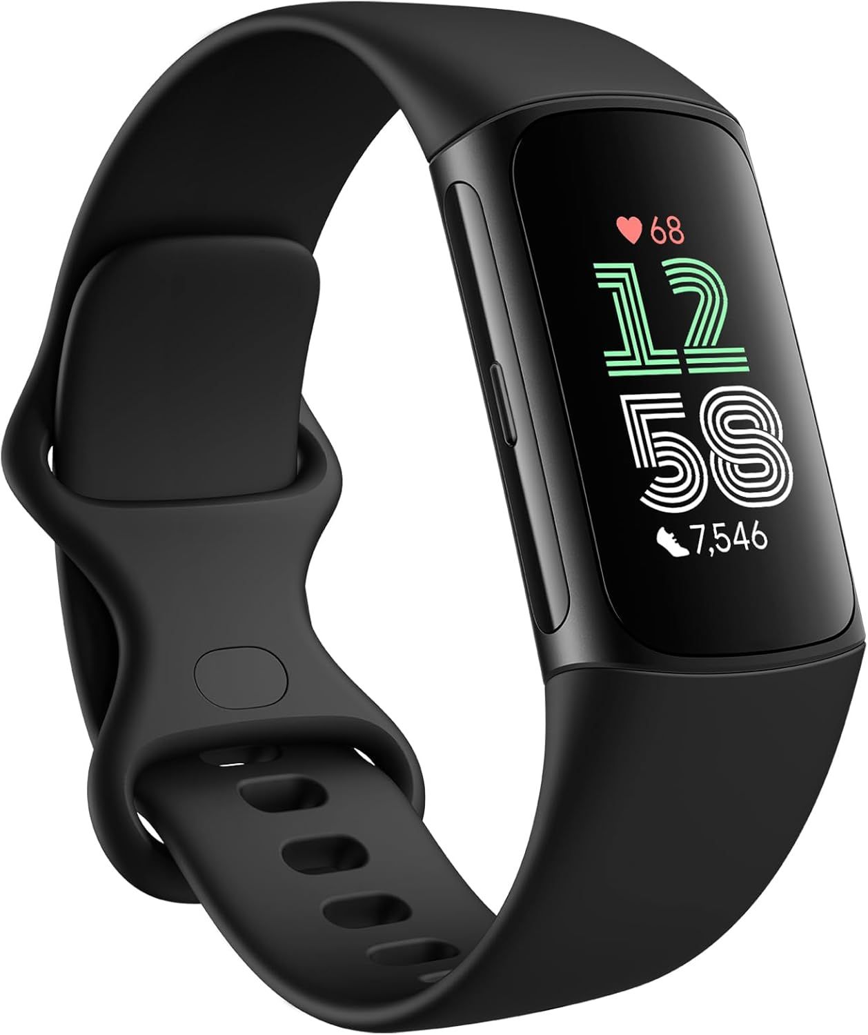 Shows the core fitness tracker product with an active display demonstrating its health tracking capabilities including heart rate, time, and step count to communicate its primary functions.…