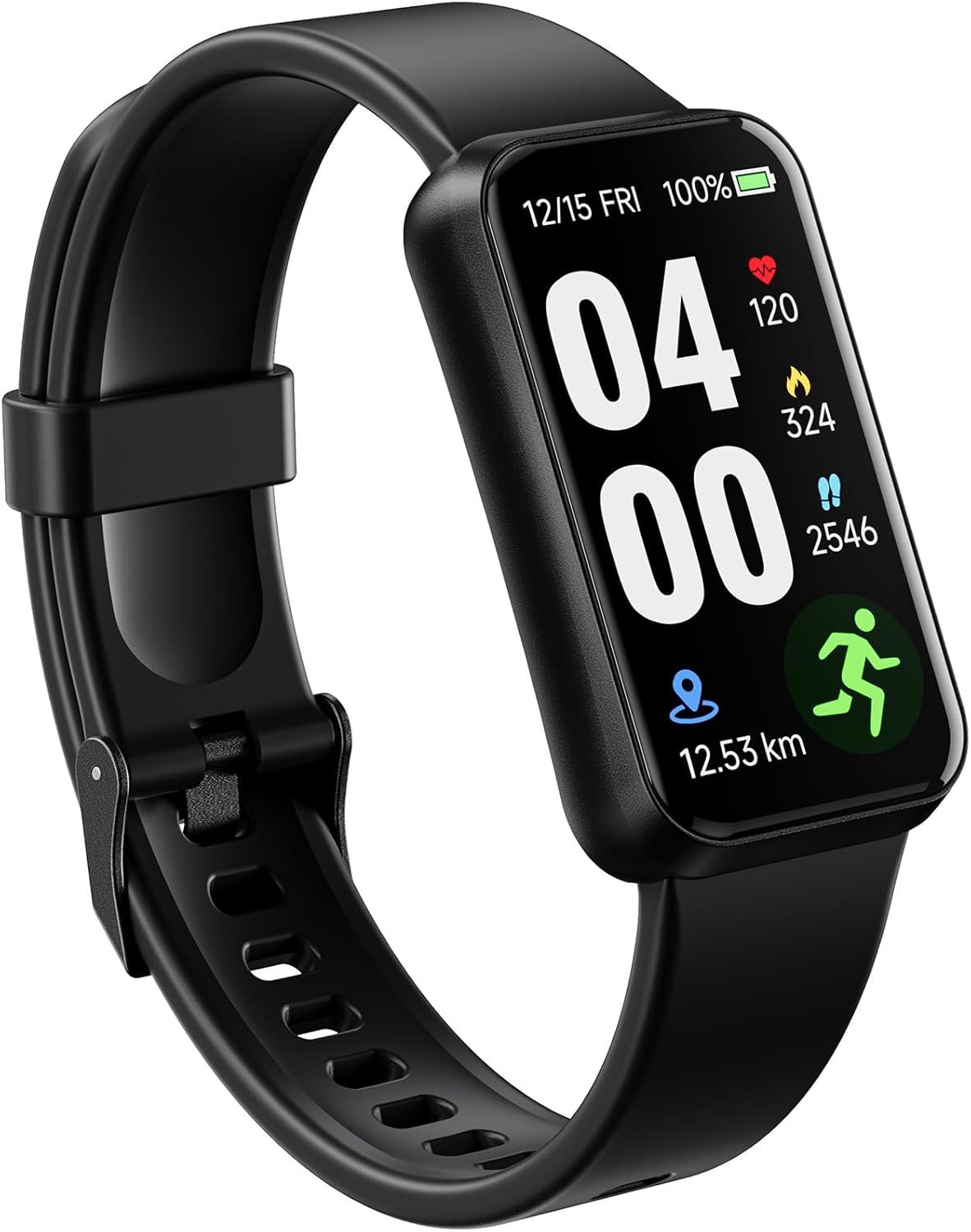 Shows the core product with its active display demonstrating key fitness tracking capabilities including time, battery life, heart rate, calories, steps, distance, and activity tracking to…
