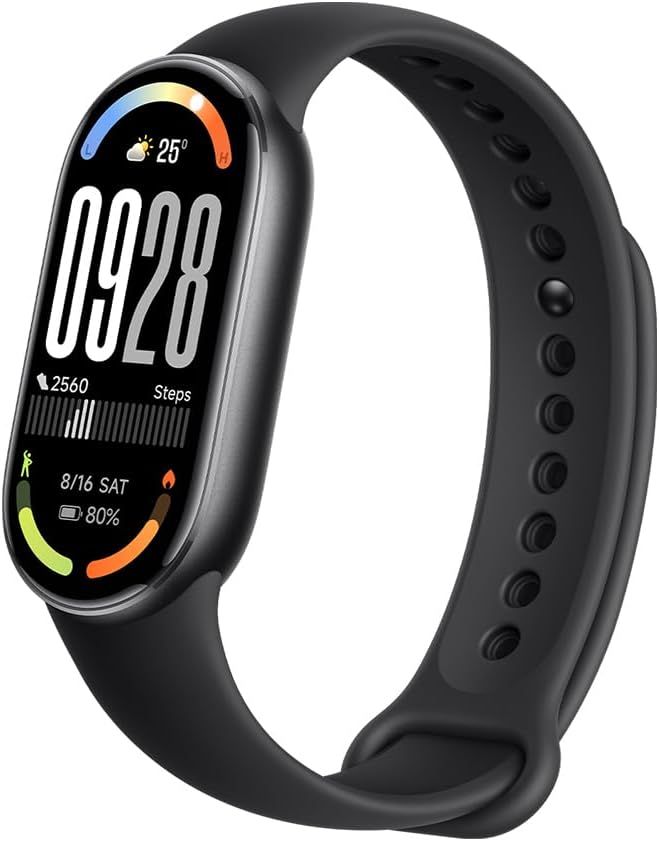 Shows the core product, a fitness tracker with an active display showing time, steps, battery, and health metrics to communicate its functionality and design to shoppers. Demonstrates the product in…