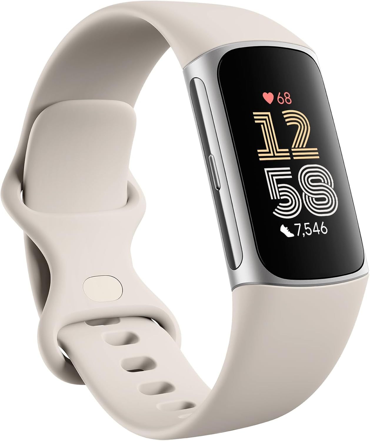 Shows the core fitness tracker product with an active display demonstrating its health tracking capabilities including heart rate, time, and step count to communicate its primary fitness monitoring…