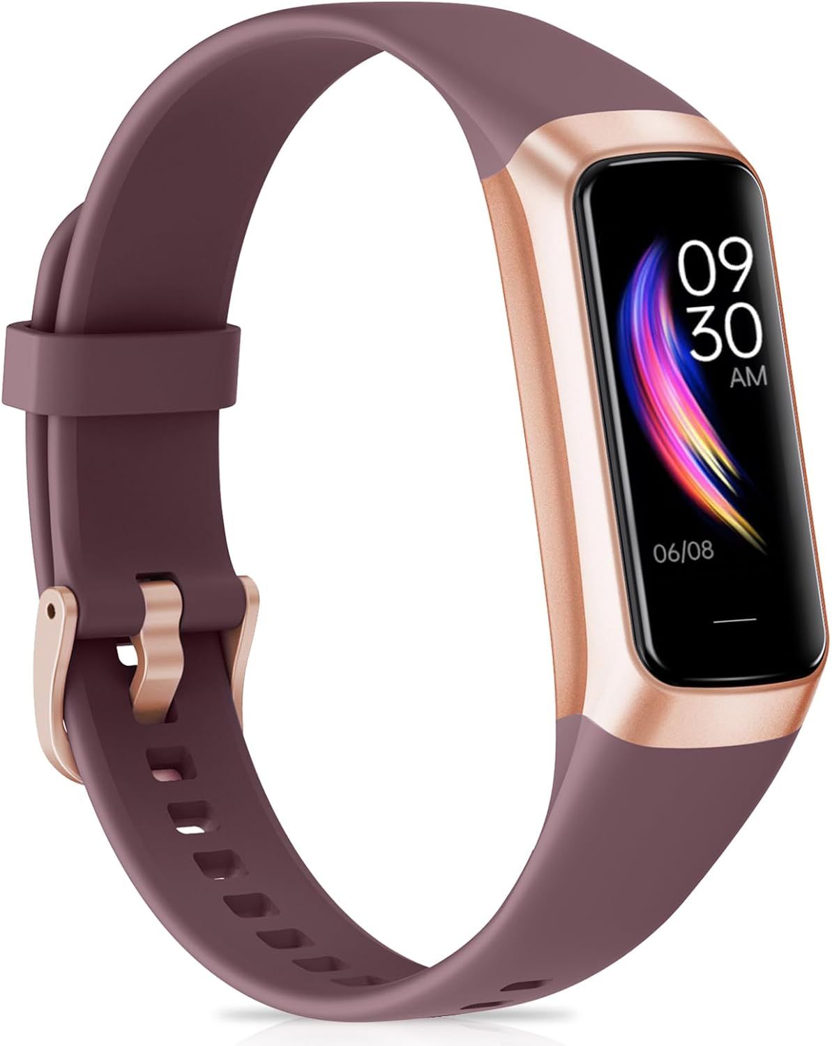 Shows the core product clearly with its active display screen showing time and date, allowing shoppers to see the design, color, and screen interface of the fitness tracker. Uses a subtle drop…