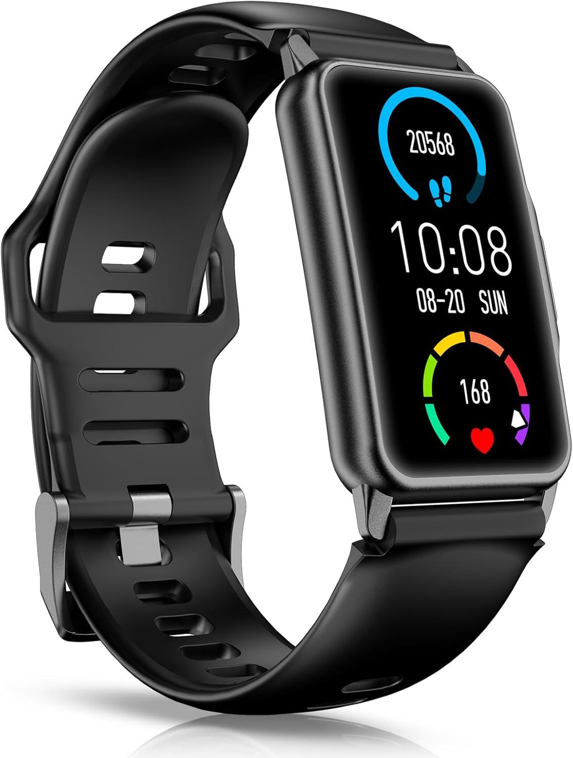 Shows the core product clearly with its active display featuring fitness tracking metrics including step count, time, date, and heart rate monitoring to communicate its health and fitness…
