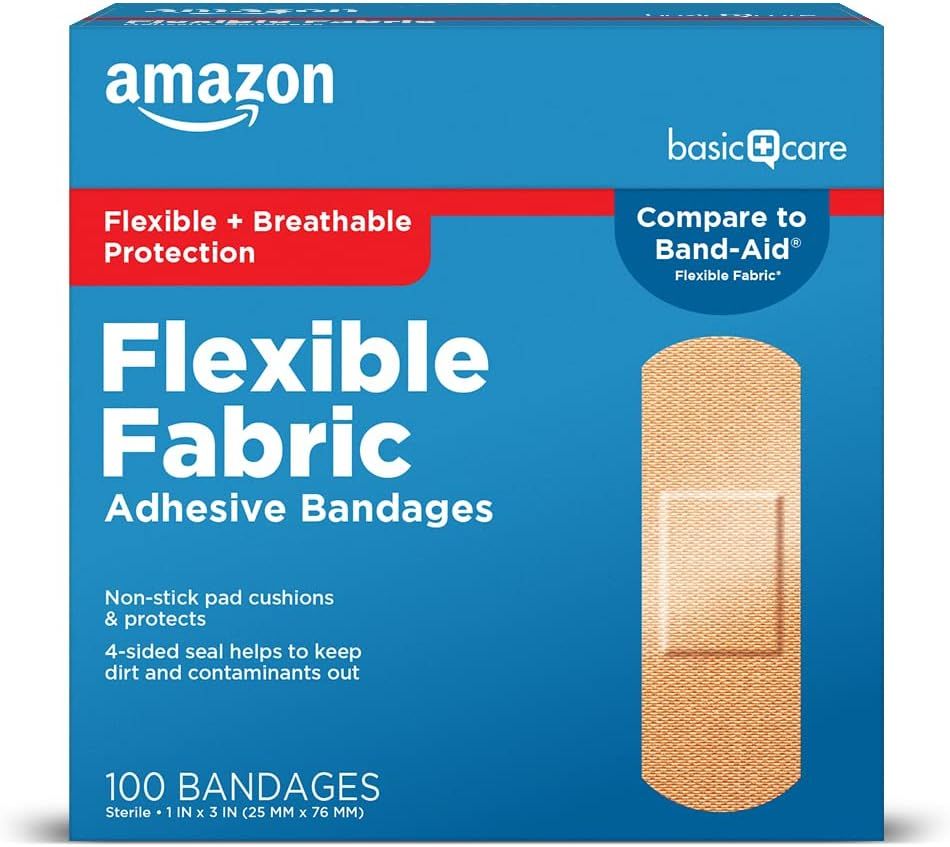 Shows the retail packaging with clear product branding, features, and comparison to Band-Aid to help shoppers understand what they are purchasing and build confidence in the Amazon Basics…