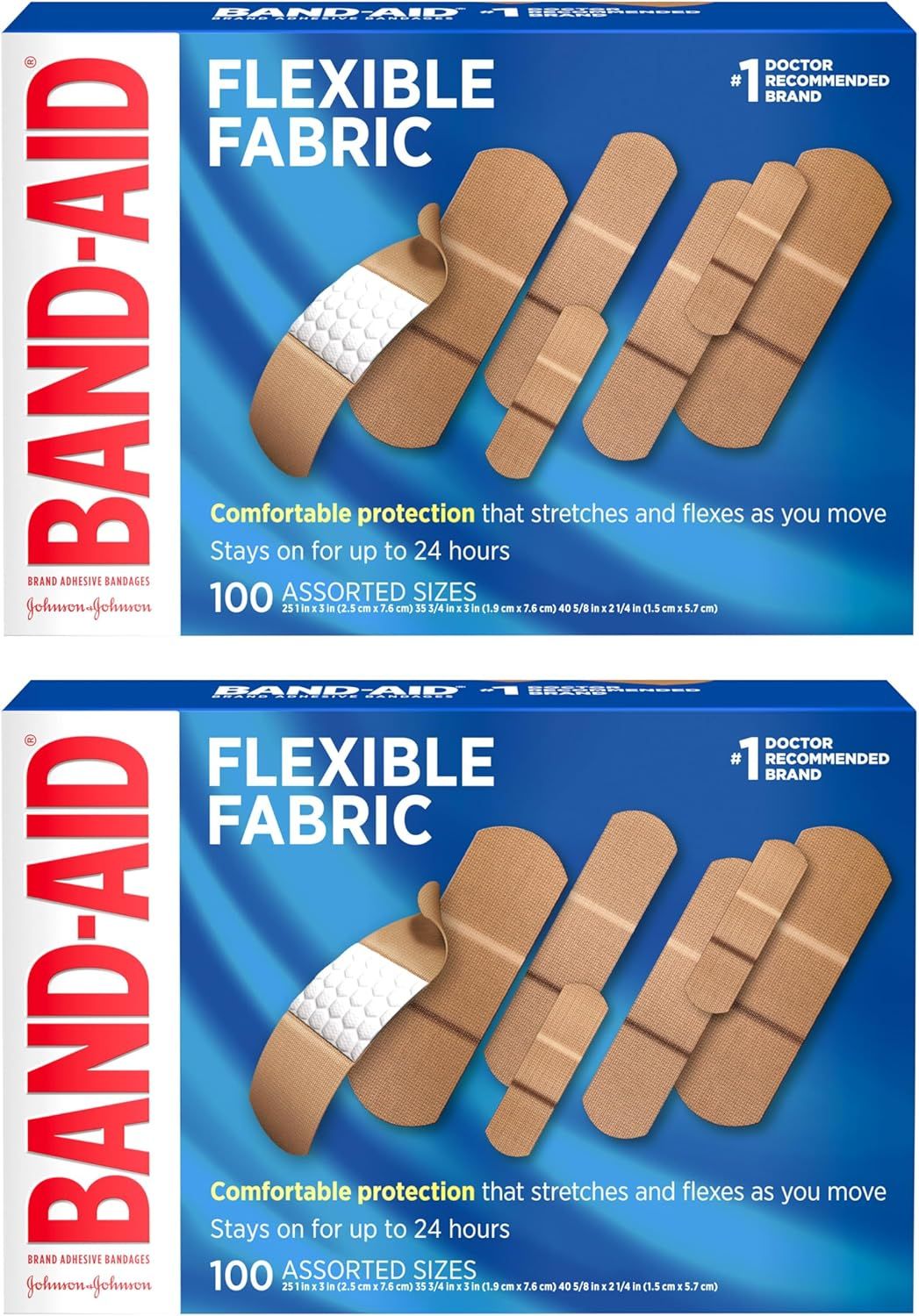 Shows the retail packaging to help shoppers identify the product on store shelves and understand what they will receive when purchasing. Displays the core product (adhesive bandages) in multiple…