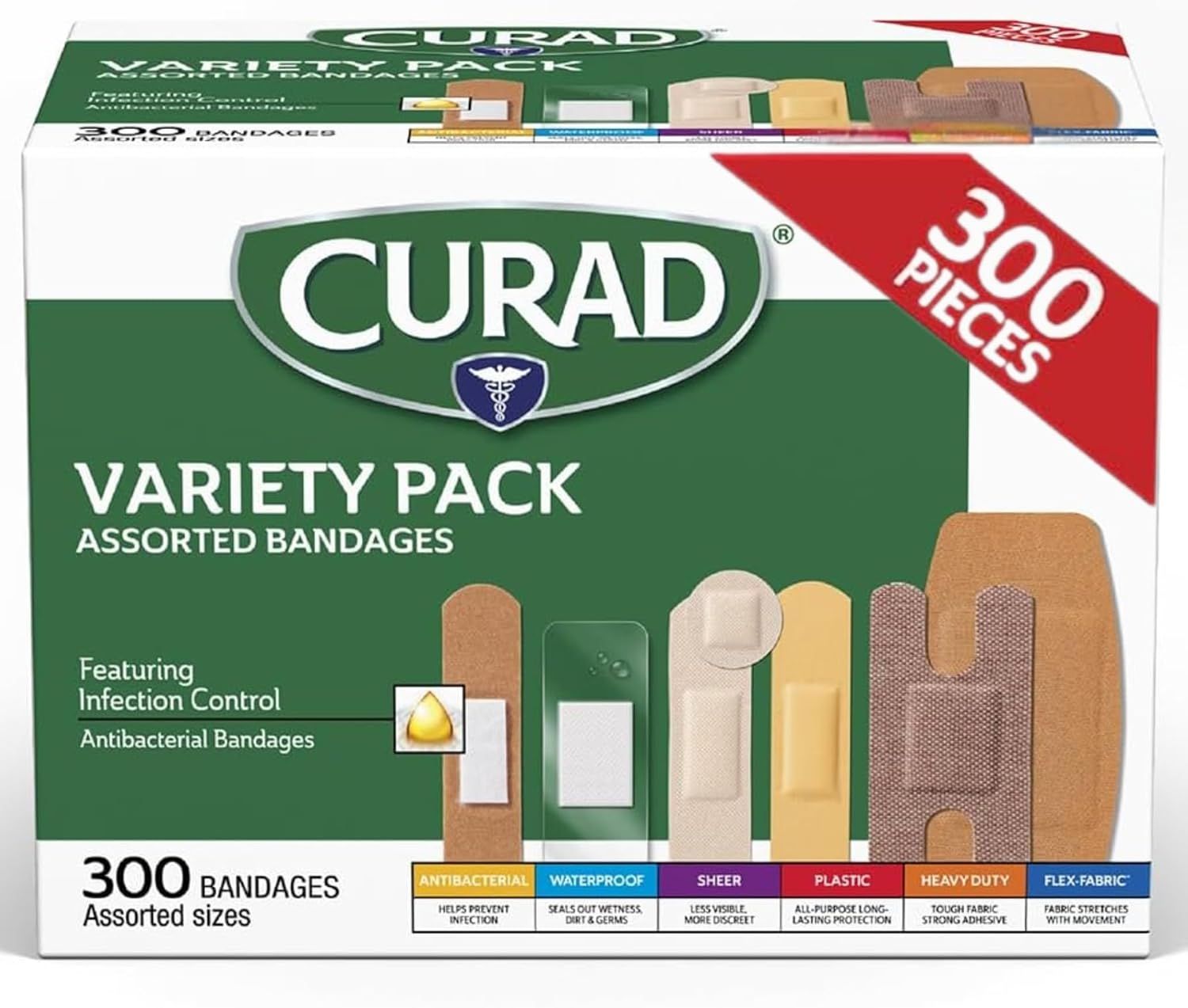 Shows the retail packaging to communicate the product is a variety pack with 300 assorted bandages, helping shoppers understand what they will receive and the value of the multi-type offering.…