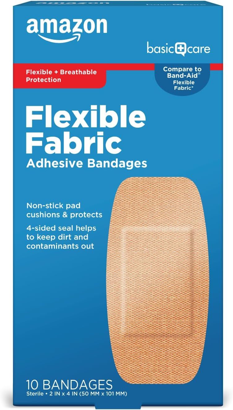 Shows the retail packaging with clear product branding and key features to help shoppers understand what they are purchasing and build trust in the Amazon Basics brand. Demonstrates the bandage's…
