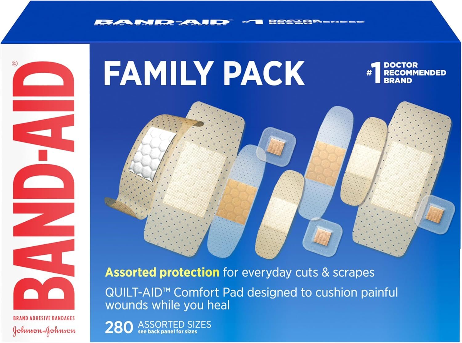 Shows the retail packaging to communicate the product is a family-sized pack with 280 assorted bandages, helping shoppers understand the quantity and value proposition. Displays the variety of…