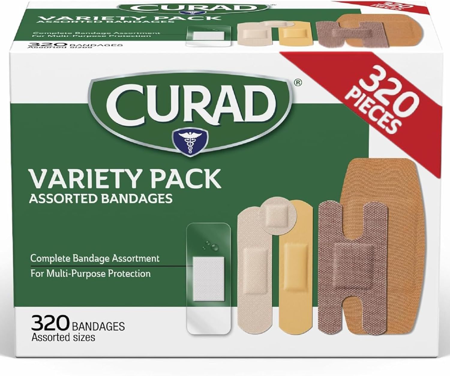 Shows the retail packaging of a Curad bandage variety pack containing 320 assorted bandages in multiple sizes and types, communicating the comprehensive assortment and value to shoppers looking for…