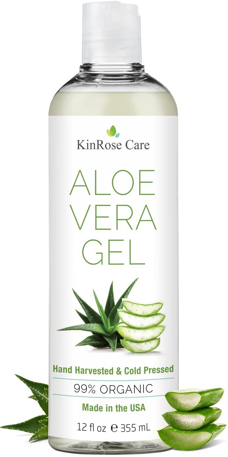 Displays the core product clearly with its branding and key features to help shoppers identify the aloe vera gel and understand its organic, hand-harvested nature. Uses decorative aloe vera plant…
