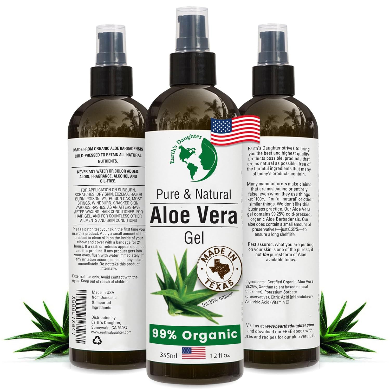 Displays the core product—three bottles of Pure & Natural Aloe Vera Gel—with clear branding, ingredient information, and organic certification to communicate quality and natural composition to…