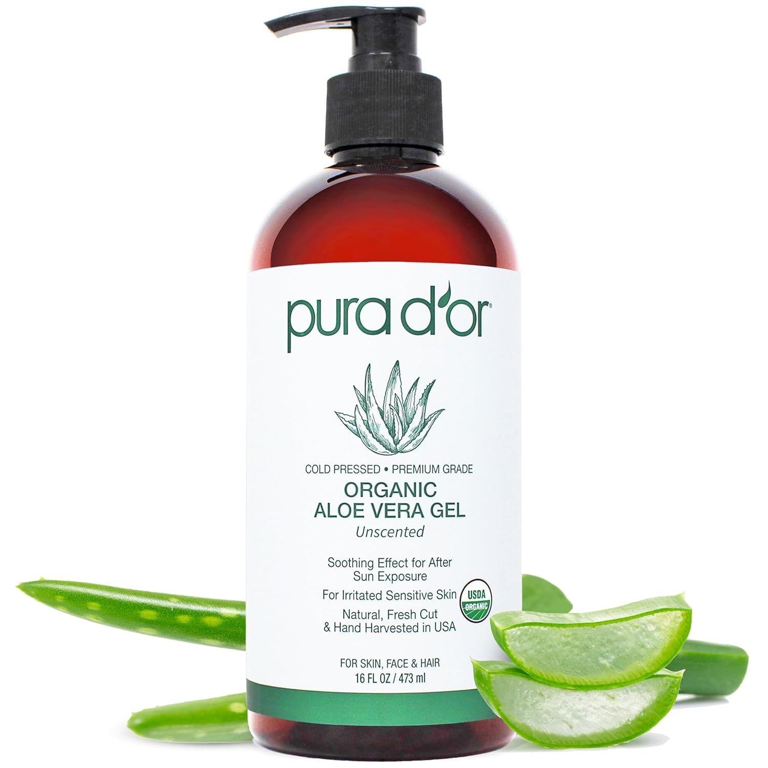Displays the core product—a pump bottle of organic aloe vera gel—clearly showing the brand, product type, and key quality attributes to help shoppers identify what they are purchasing. Uses fresh…