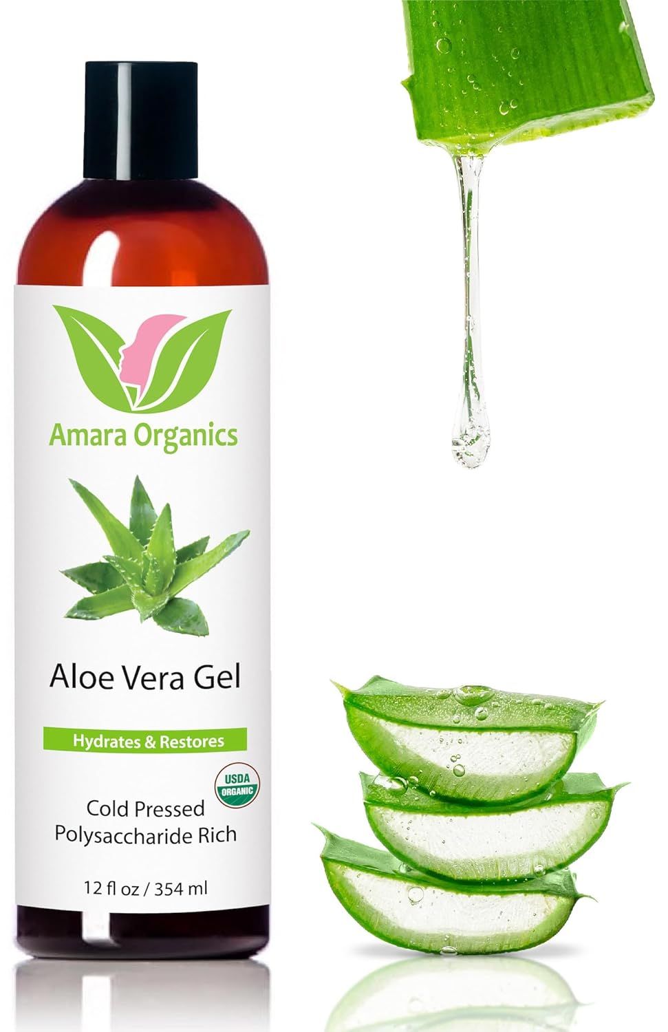 Shows the Aloe Vera Gel bottle as the core product with clear branding and key benefits like hydration and organic certification to communicate quality and natural ingredients. Uses fresh aloe vera…