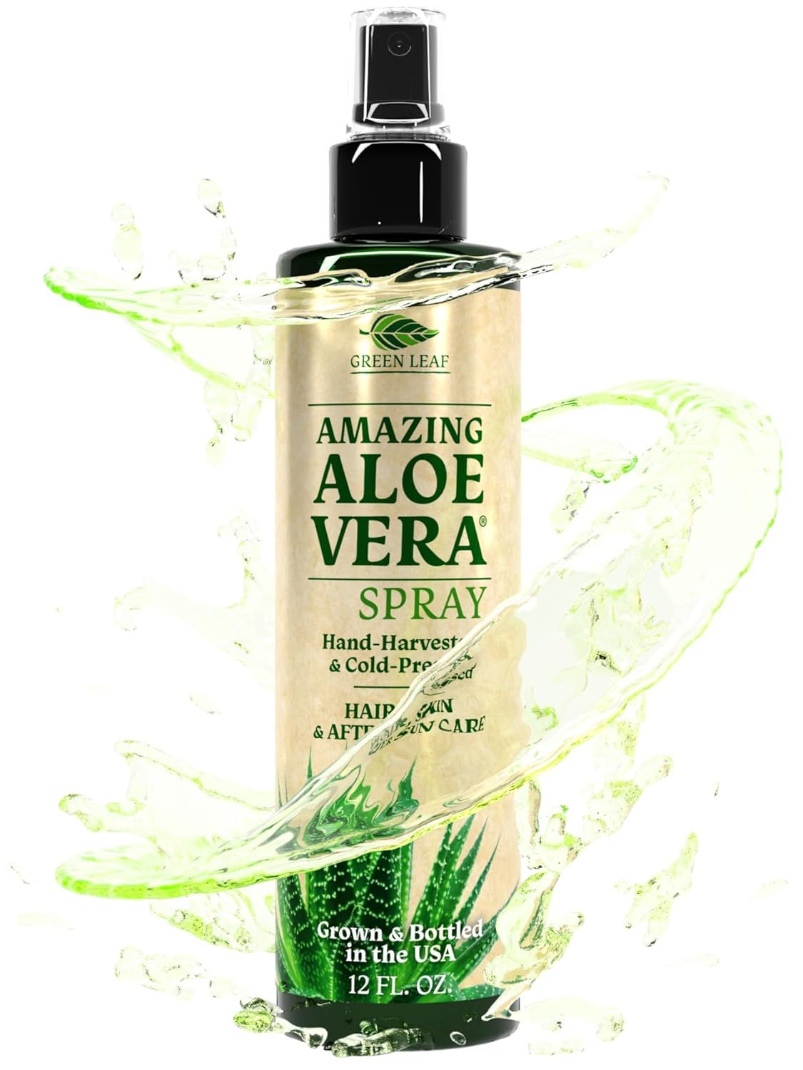 Displays the core product clearly - an aloe vera spray bottle - showing its packaging, branding, and key product claims to help shoppers understand what they are purchasing. Uses dynamic green…