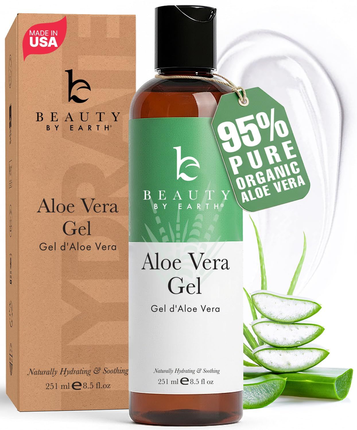 Displays the core product—an aloe vera gel bottle with its retail packaging—to show shoppers exactly what they will receive and communicate the natural, organic nature of the product. Shows the…