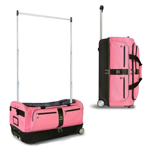 Displays the core product—a pink rolling duffel bag with an integrated telescoping garment rack—from two angles to show its dual functionality and design features. Demonstrates the product's key…