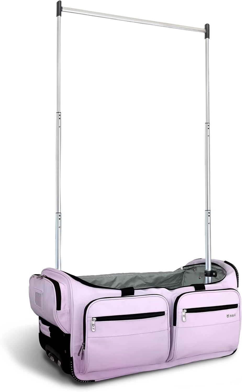 Shows the core product - a travel bag with an integrated adjustable garment rack system - to communicate its unique dual functionality for travelers who need to transport and hang clothing.…