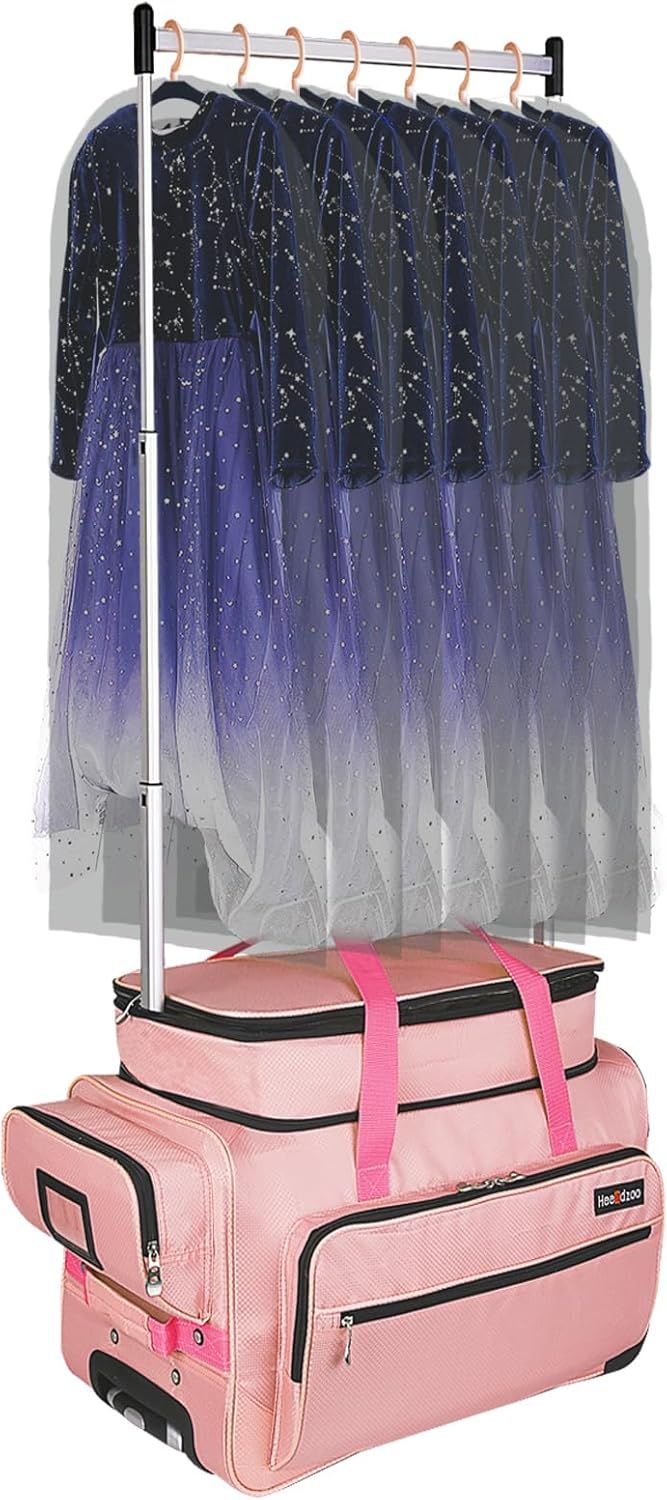 Shows the complete travel garment bag system with integrated hanging rack to demonstrate how the product stores and transports formal wear like dresses while keeping them wrinkle-free. Demonstrates…