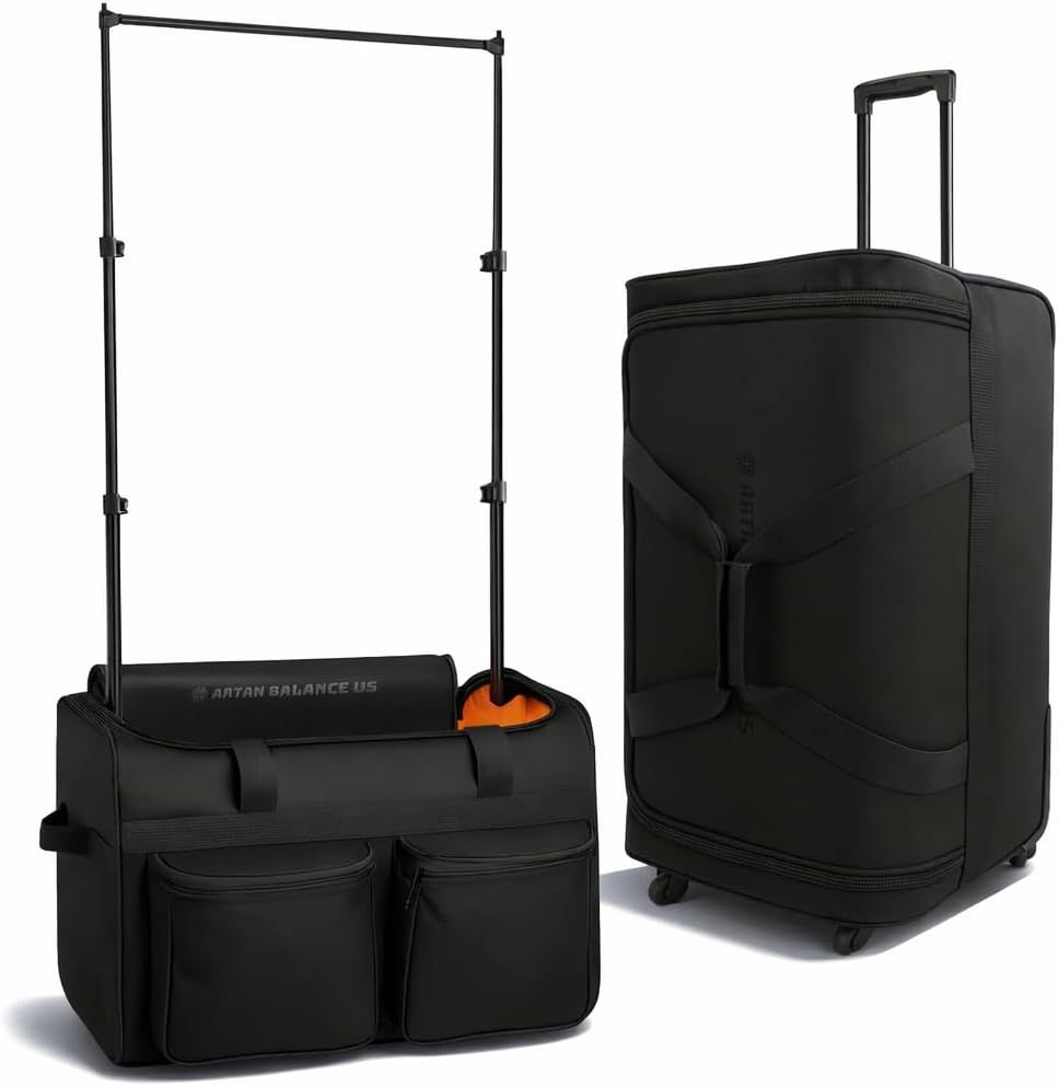 Shows the core product as a travel luggage system with an integrated garment rack, communicating its dual functionality for organized travel and clothing transport. Demonstrates the product's key…
