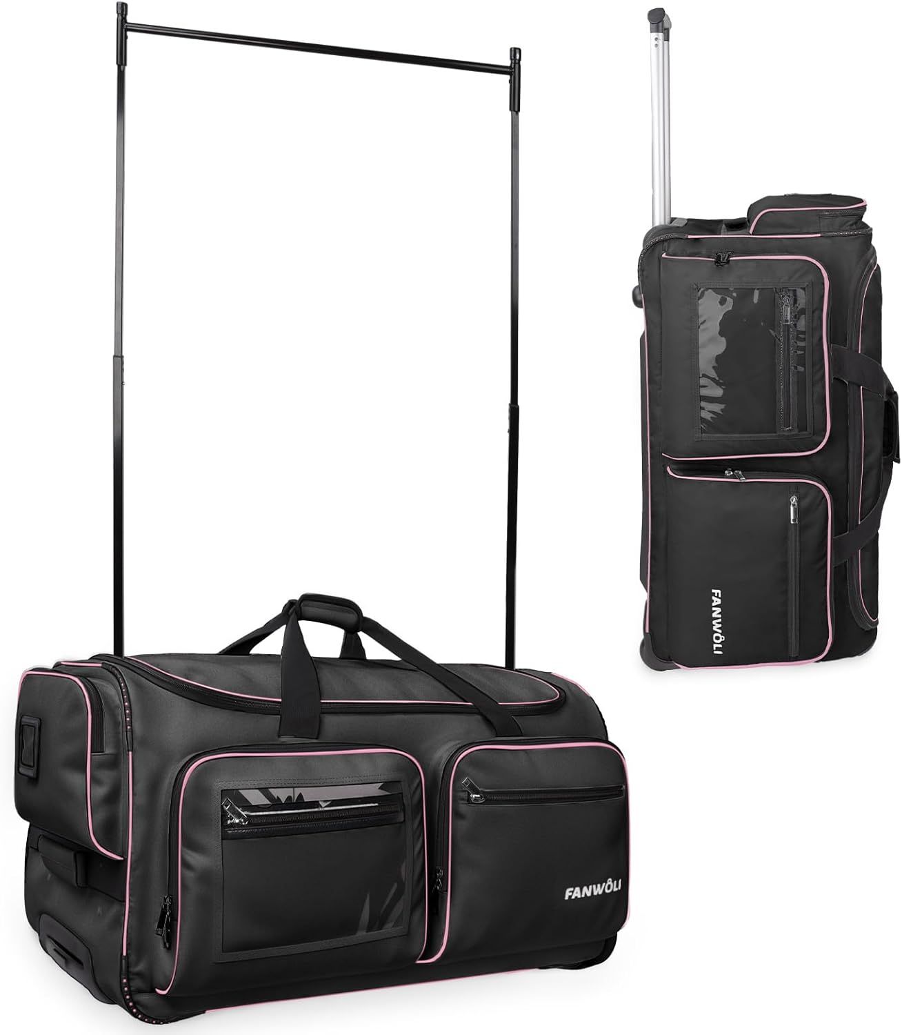 Shows the core product, a wheeled duffel bag with an integrated garment rack system, demonstrating its dual functionality for travel and clothing storage. Demonstrates how the bag transforms to…