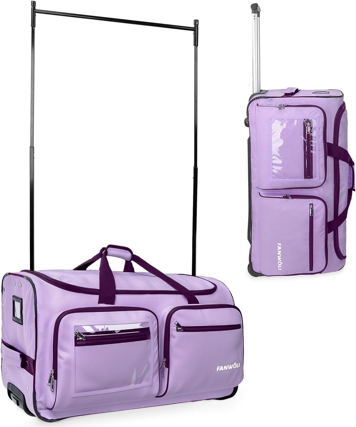 Shows the core product - a wheeled travel bag with an integrated garment rack system - to communicate its dual functionality for organized travel and clothing transport. Demonstrates how the product…