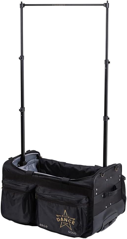 Shows the complete product with its integrated garment rack and storage bag to communicate its dual functionality for dancers or performers who need portable clothing storage and hanging space.…