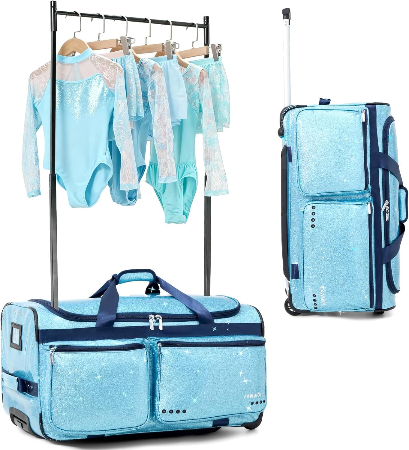 Shows the complete product system including the rolling luggage bags and integrated garment rack feature, demonstrating how the product stores and transports costumes or clothing. Demonstrates the…
