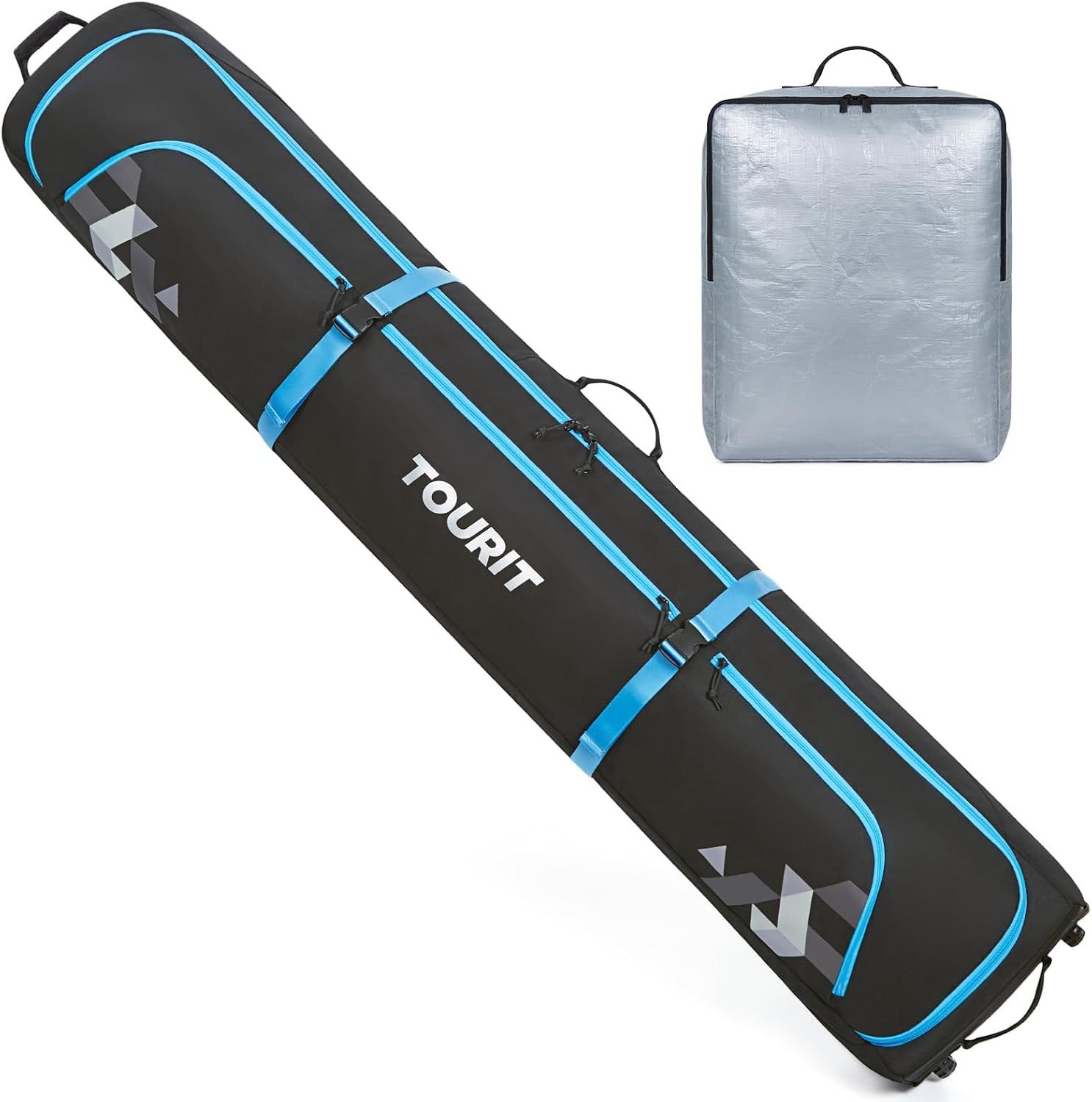 Shows the core product, a ski or snowboard carrying bag with blue trim and branding, clearly displaying its design and storage capability to help shoppers understand what they are purchasing.…