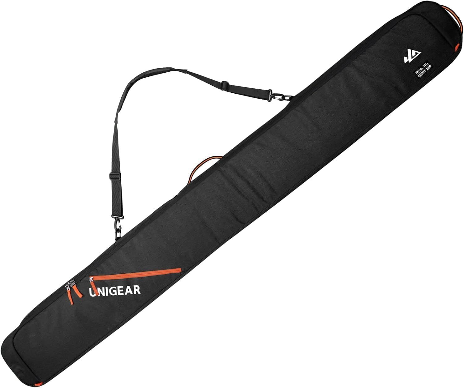Displays the core product, a black ski or snowboard carrying bag with adjustable shoulder strap and storage pockets, showing its design and portability features to help shoppers understand what they…