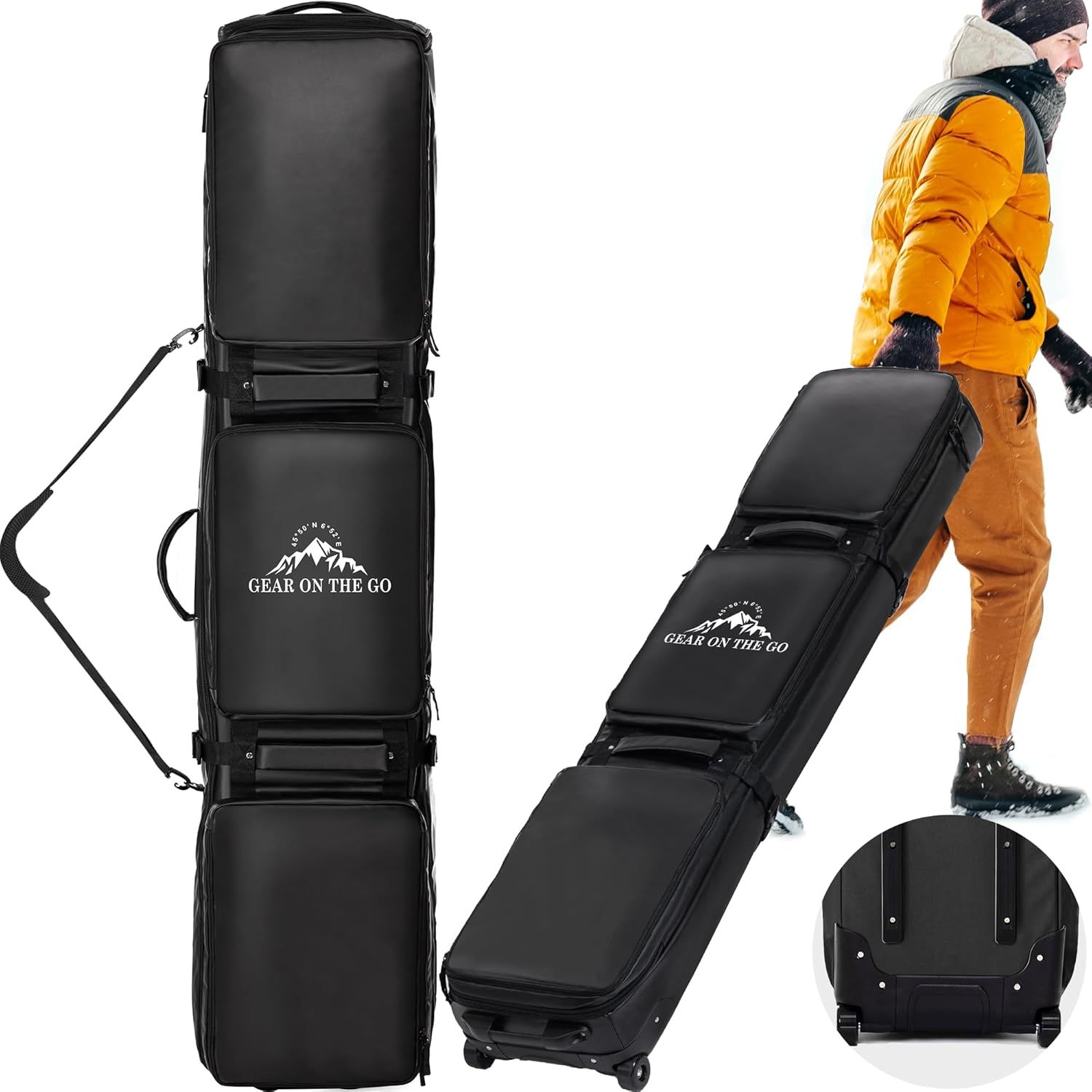 Shows the core product—a modular, wheeled travel case for ski or snowboard gear—in multiple views to communicate its design, portability, and how it can be used in real-world travel scenarios.…